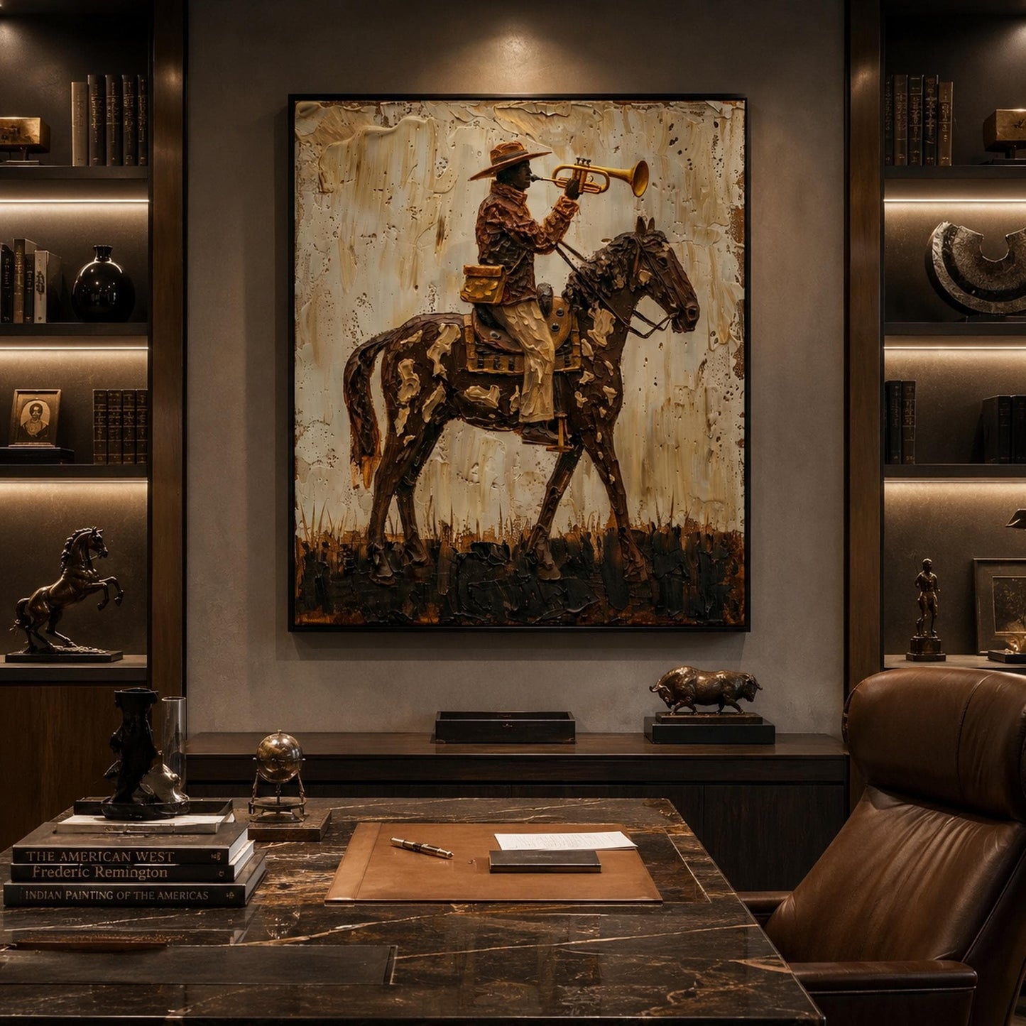 Cowboy Horse Trumpet Painting Western Vintage Canvas Rustic Wall Art Decor – Gold and Cream Horse Animal Wall Art | Impasto P