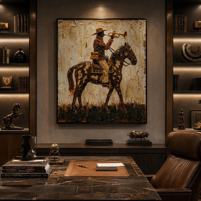 Cowboy Horse Trumpet Painting Western Vintage Canvas Rustic Wall Art Decor – Gold and Cream Horse Animal Wall Art | Impasto P