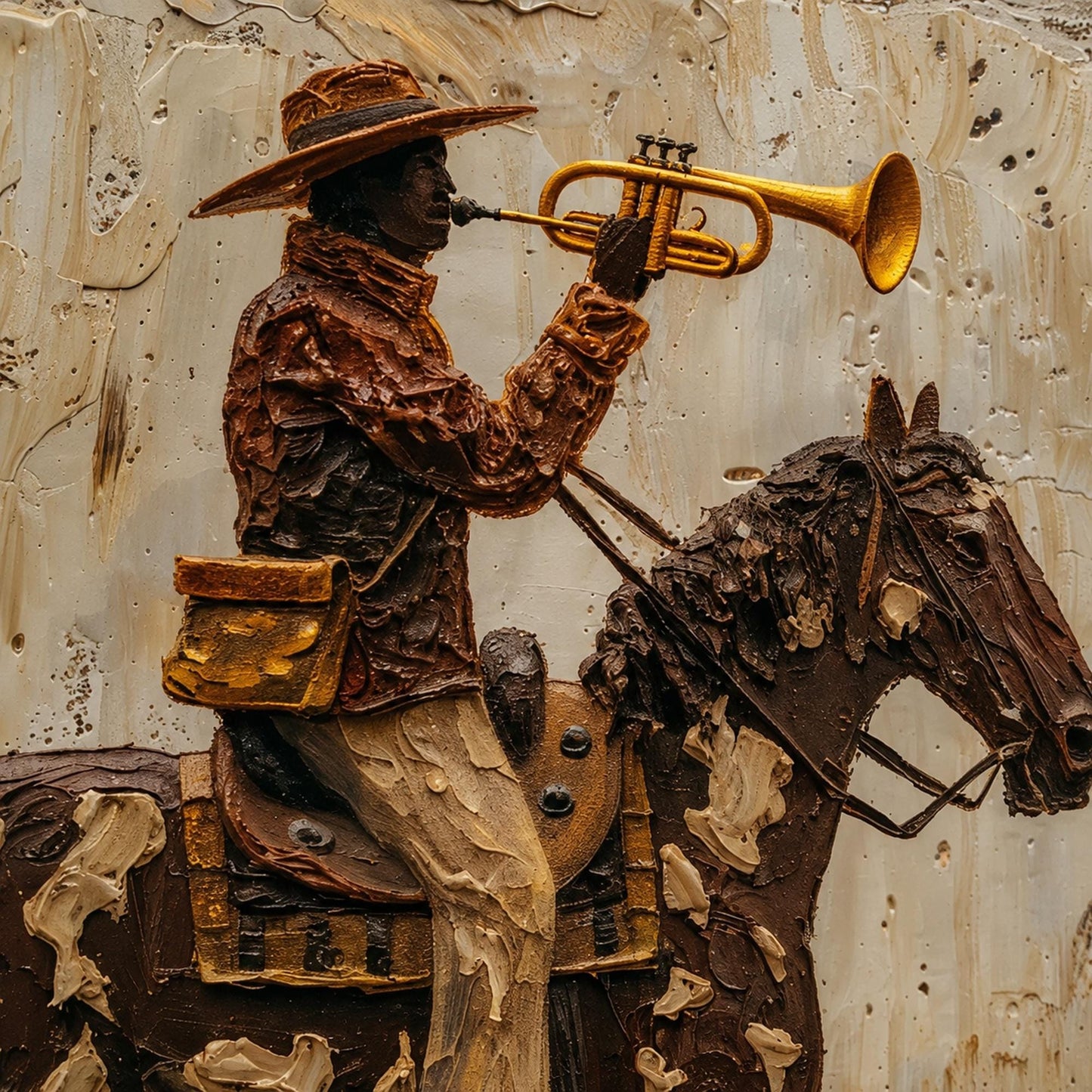 Cowboy on Spotted Horse Trumpet Painting – Gold and Cream Impasto Animal Wall Art