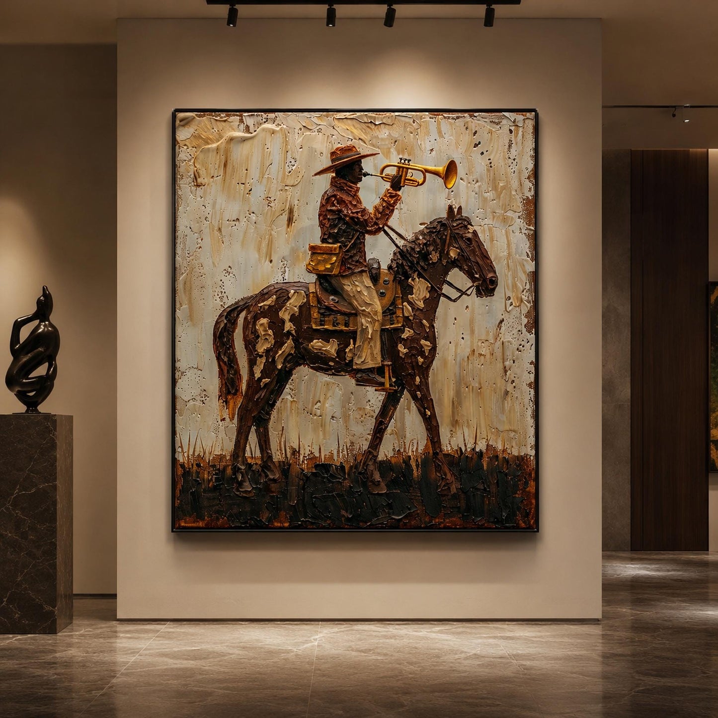 Cowboy on Spotted Horse Trumpet Painting – Gold and Cream Impasto Animal Wall Art