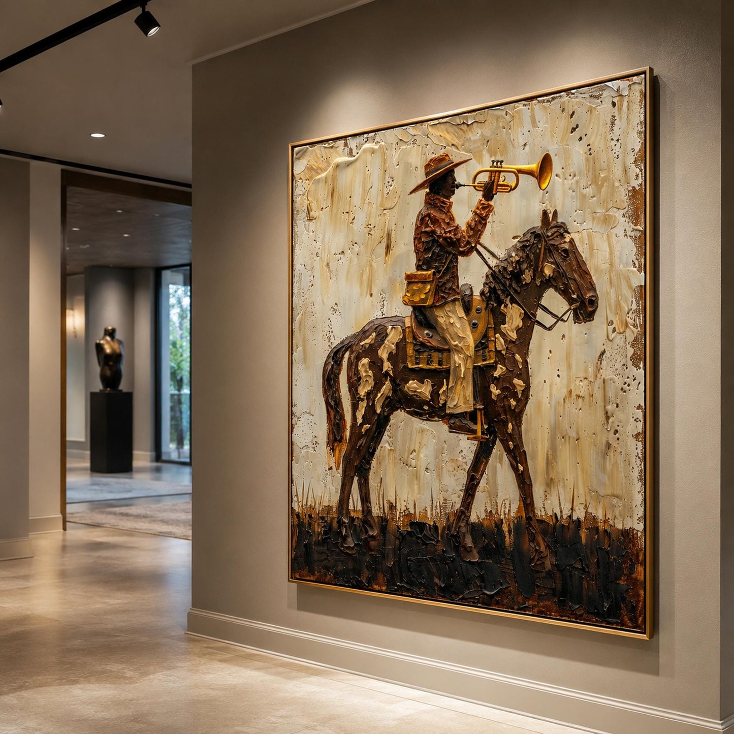 Cowboy Horse Trumpet Painting Western Vintage Canvas Rustic Wall Art Decor – Gold and Cream Horse Animal Wall Art | Impasto P