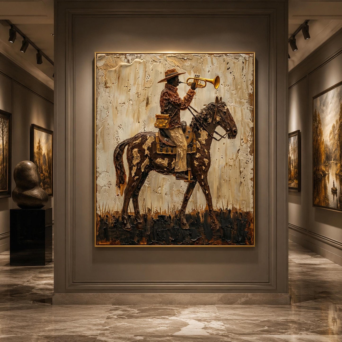 Cowboy Horse Trumpet Painting Western Vintage Canvas Rustic Wall Art Decor – Gold and Cream Horse Animal Wall Art | Impasto P