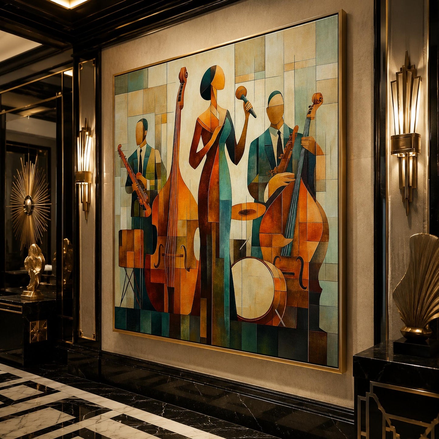 Jazz Singer Painting – Olive and Gold Geometric Wall Art | Painting, view 2