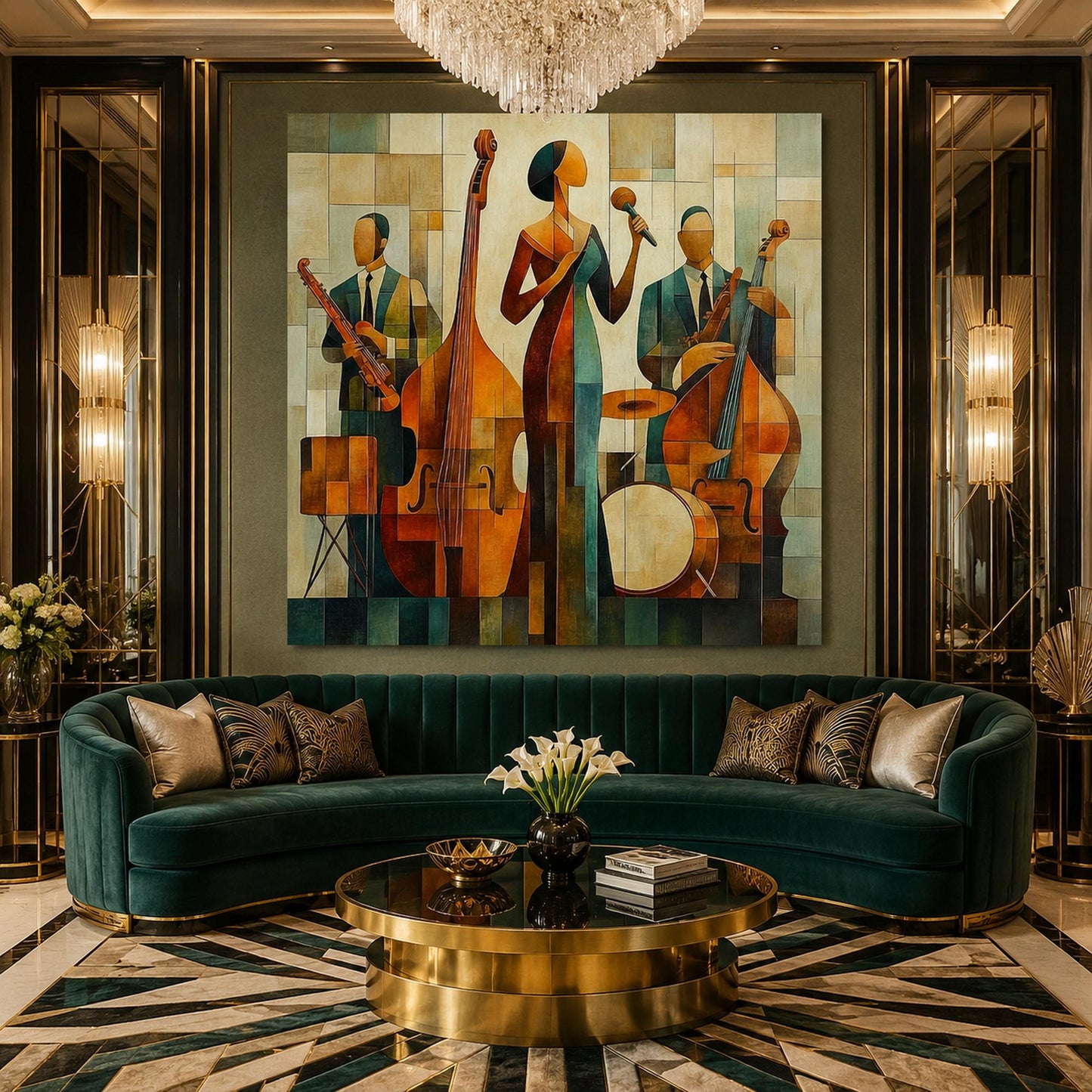 Olive and Gold Art Deco Geometric Wall Art – Jazz Singer Painting