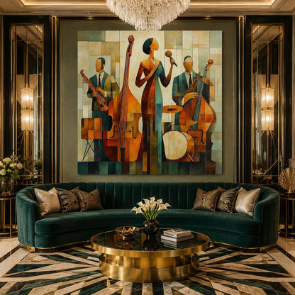 Olive and Gold Art Deco Geometric Wall Art – Jazz Singer Painting