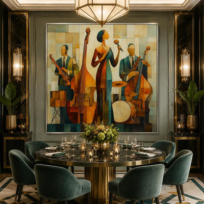 Olive and Gold Art Deco Geometric Wall Art – Jazz Singer Painting