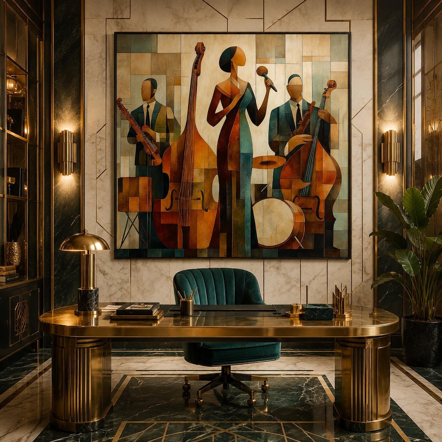 Jazz Singer Painting – Olive and Gold Geometric Wall Art | Painting, view 1