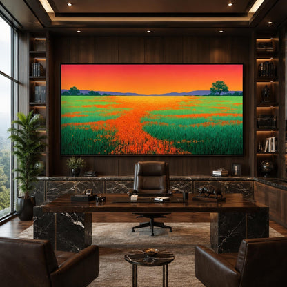 Poppy Field Sunset Painting Orange Green Canvas Panoramic Landscape Wall Art – Panoramic Colorful Poppy Floral Wall Art | Pai