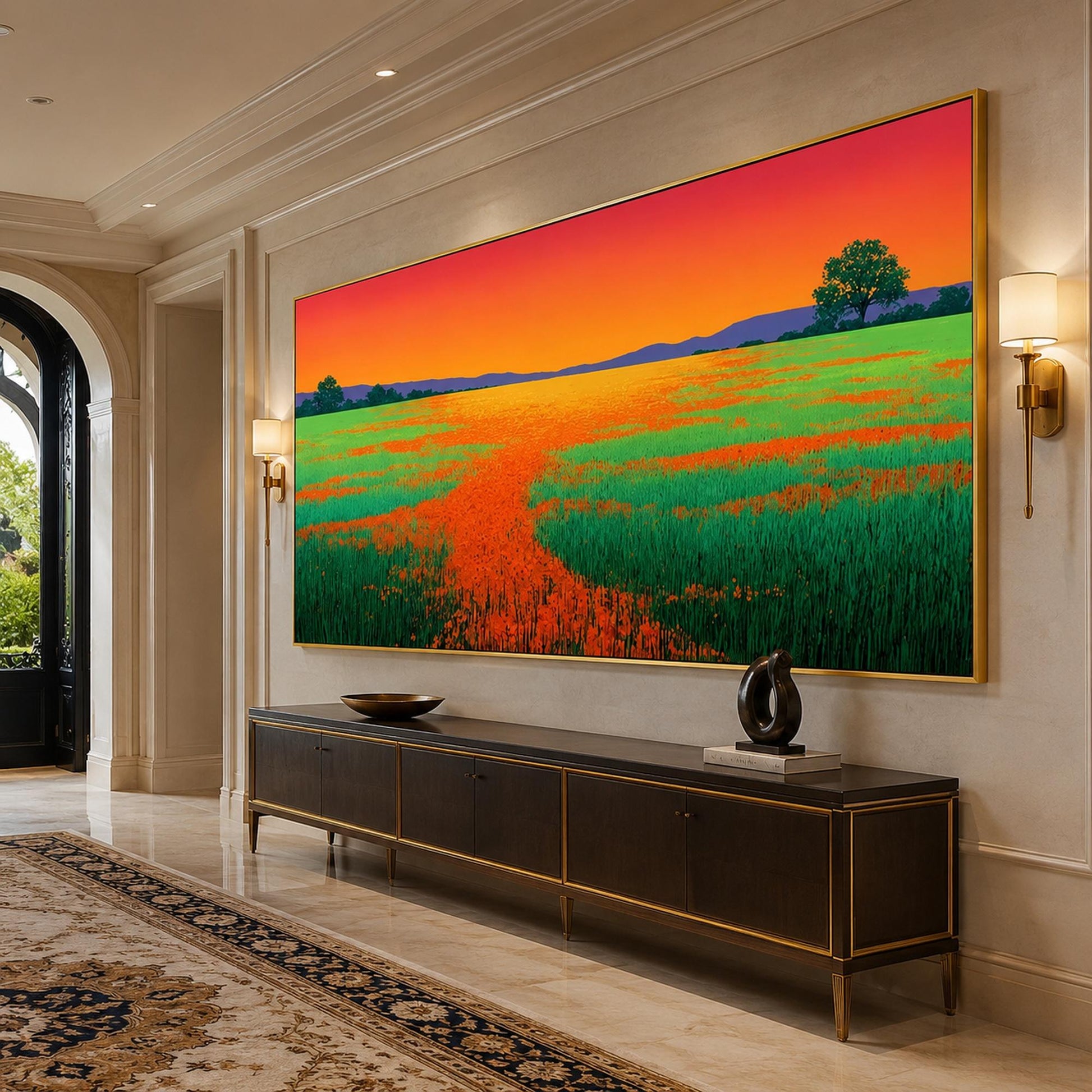Poppy Field Sunset Painting Orange Green Canvas Panoramic Landscape Wall Art – Panoramic Colorful Poppy Floral Wall Art | Pai
