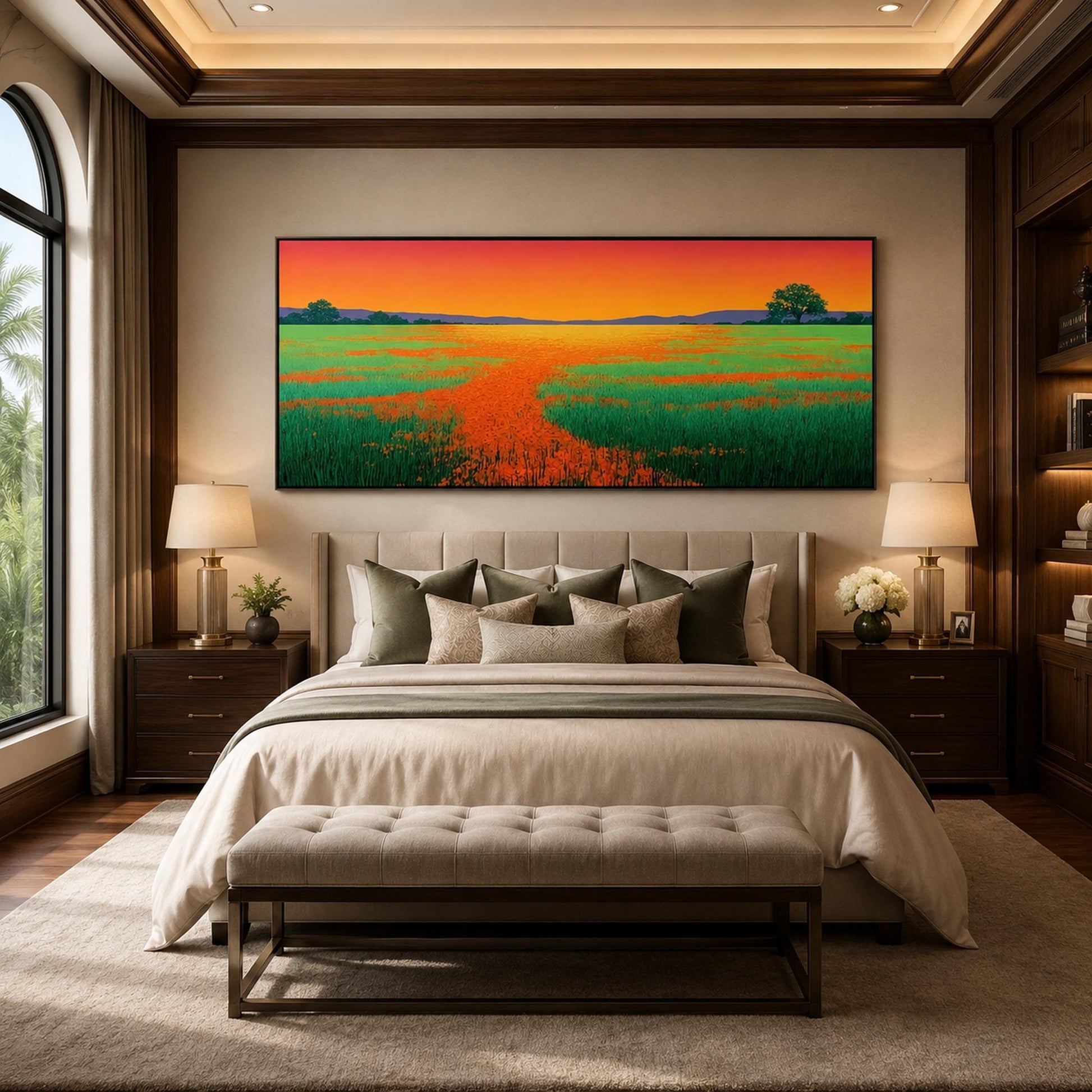 Poppy Field Sunset Painting Orange Green Canvas Panoramic Landscape Wall Art – Panoramic Colorful Poppy Floral Wall Art | Pai