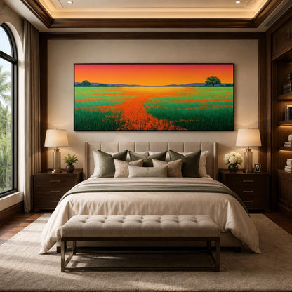 Poppy Field Sunset Painting Orange Green Canvas Panoramic Landscape Wall Art – Panoramic Colorful Poppy Floral Wall Art | Pai