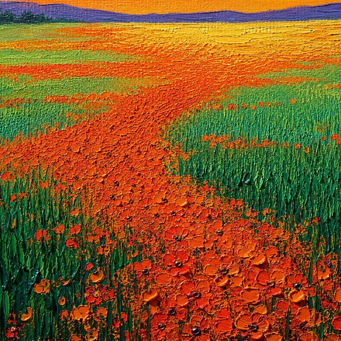 Panoramic Poppy Field Sunset Painting – Vibrant Floral Wall Art
