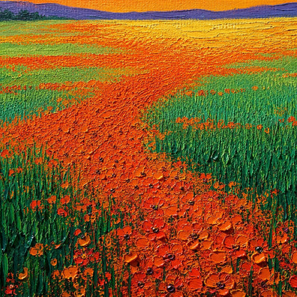 Panoramic Poppy Field Sunset Painting – Vibrant Floral Wall Art