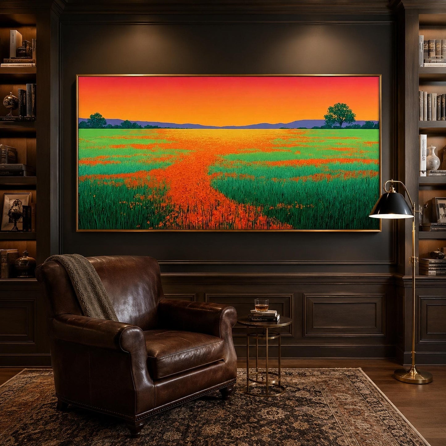 Panoramic Poppy Field Sunset Painting – Vibrant Floral Wall Art