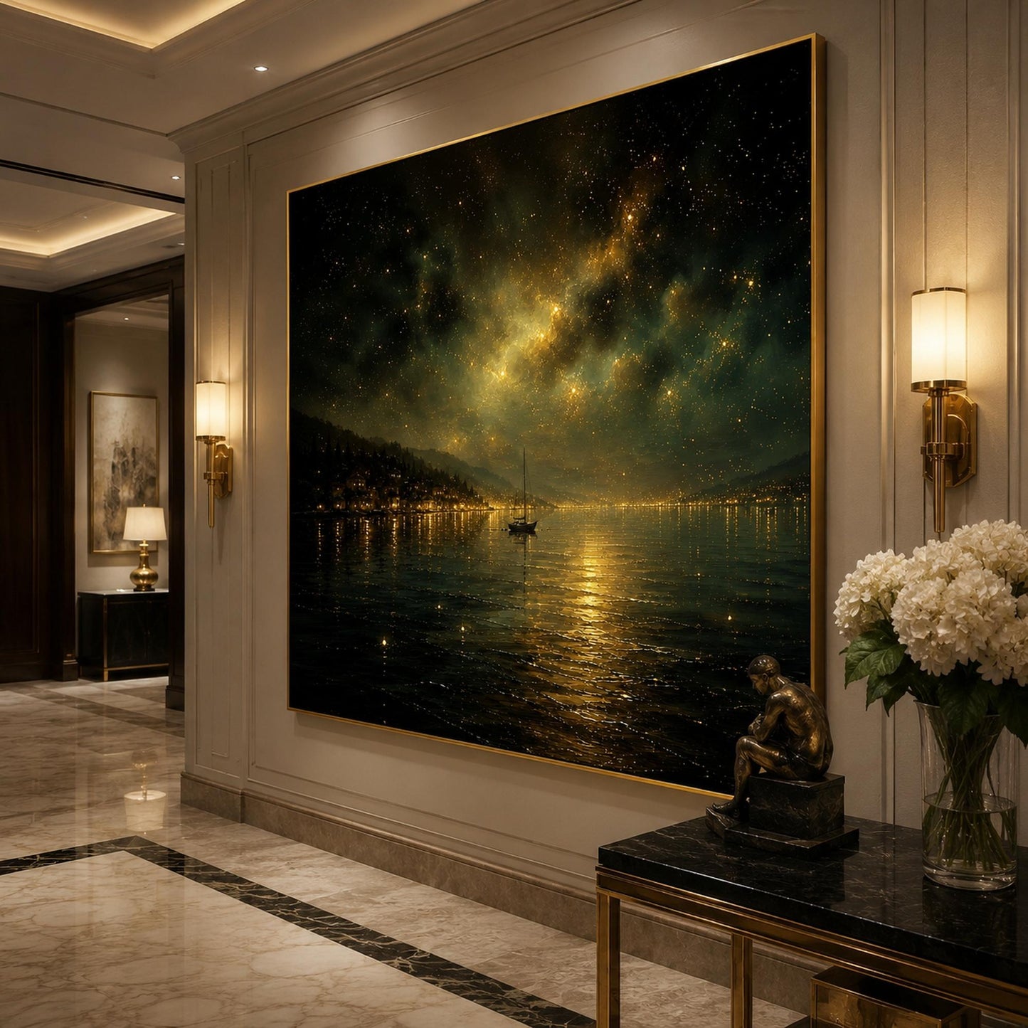Starry Night Lake Painting Milky Way Canvas Sailboat Wall Art Town Lights Galaxy Sky Dark Gold Landscape Bedroom Living Room 