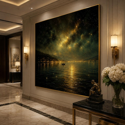 Starry Night Lake Painting Milky Way Canvas Sailboat Wall Art Town Lights Galaxy Sky Dark Gold Landscape Bedroom Living Room 