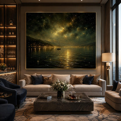 Gold Lake Landscape Wall Art – Starry Night Sailboat
