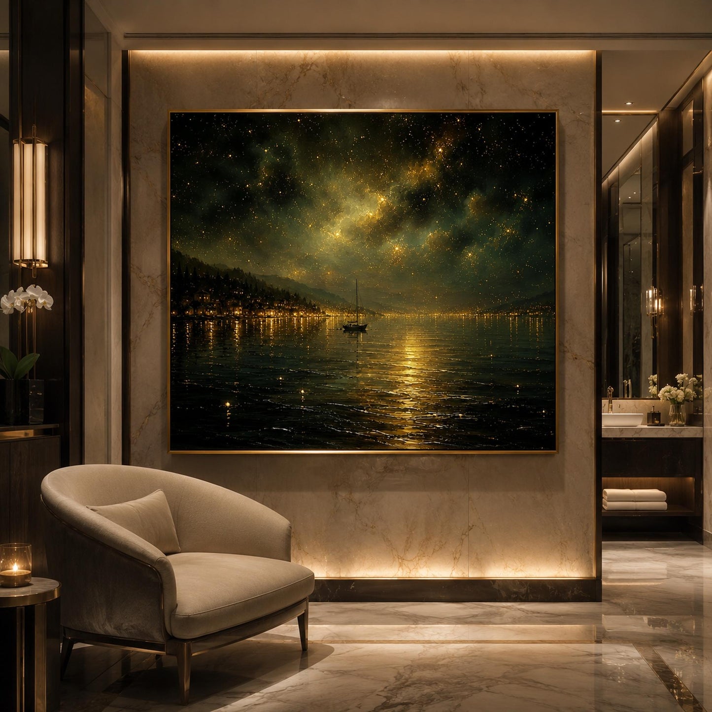 Gold Lake Landscape Wall Art – Starry Night Sailboat