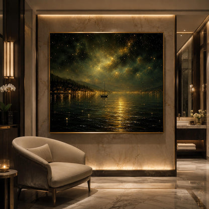 Gold Lake Landscape Wall Art – Starry Night Sailboat