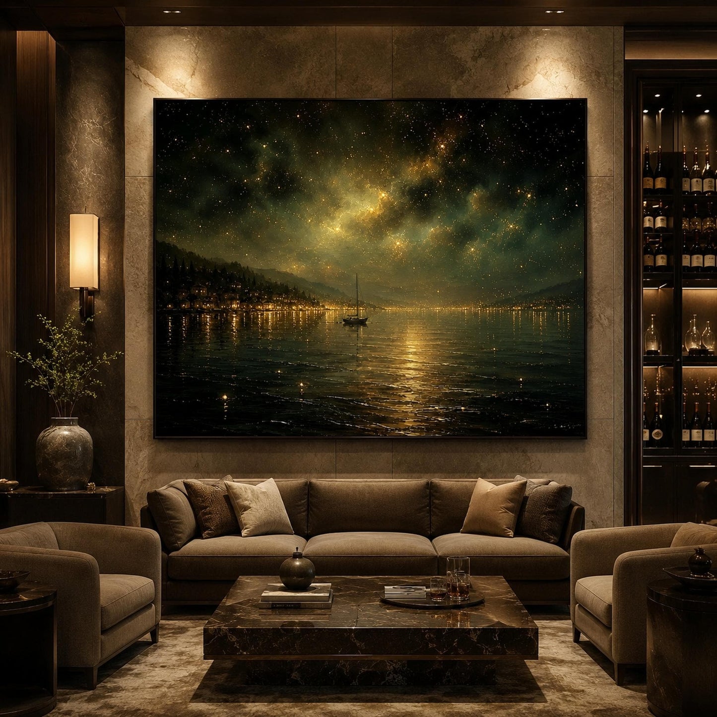 Gold Lake Landscape Wall Art – Starry Night Sailboat