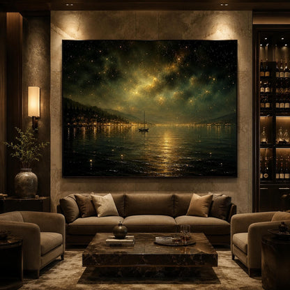 Gold Lake Landscape Wall Art – Starry Night Sailboat