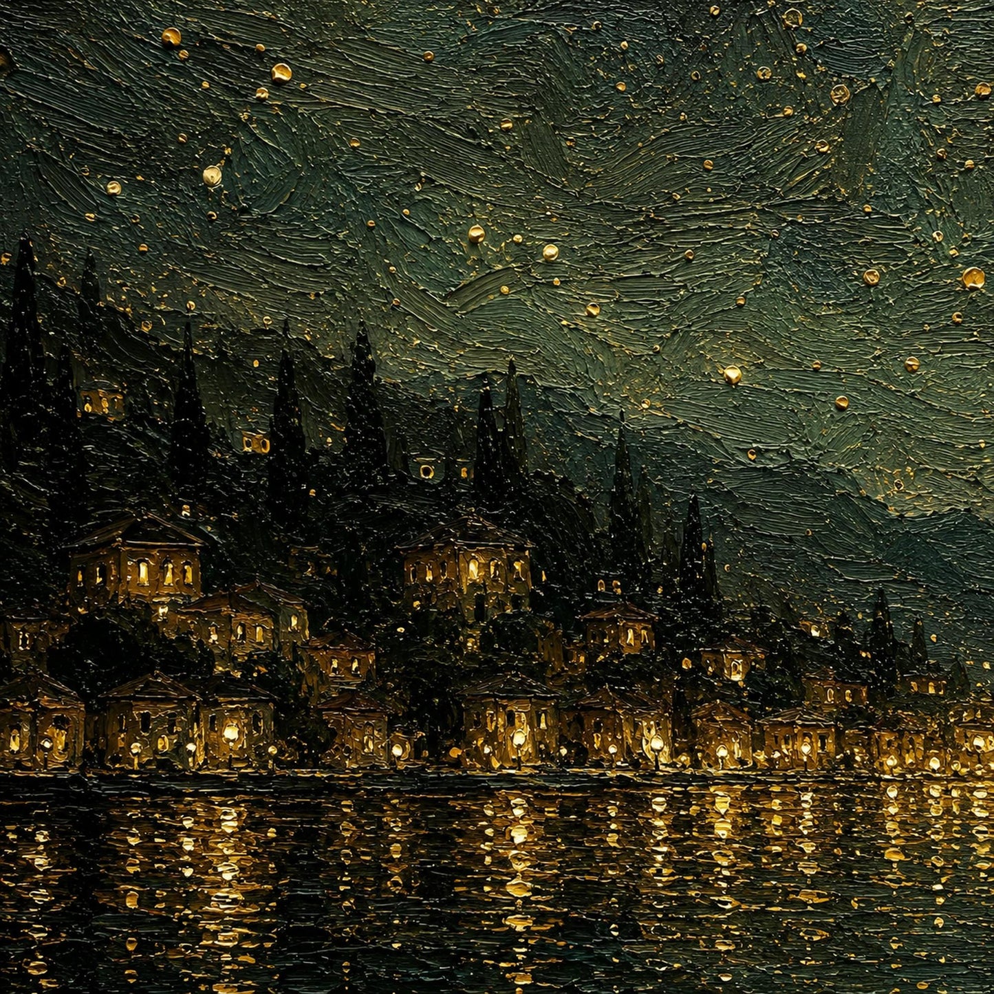 Starry Night Lake Painting Milky Way Canvas Sailboat Wall Art Town Lights Galaxy Sky Dark Gold Landscape Bedroom Living Room 