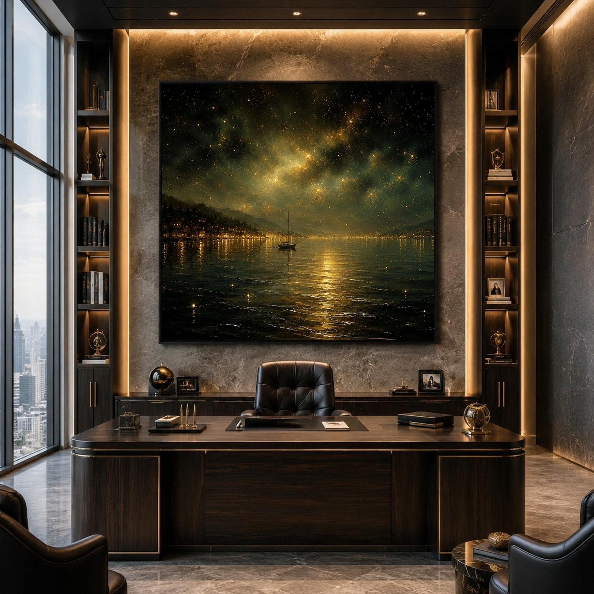 Starry Night Lake Painting Milky Way Canvas Sailboat Wall Art Town Lights Galaxy Sky Dark Gold Landscape Bedroom Living Room 