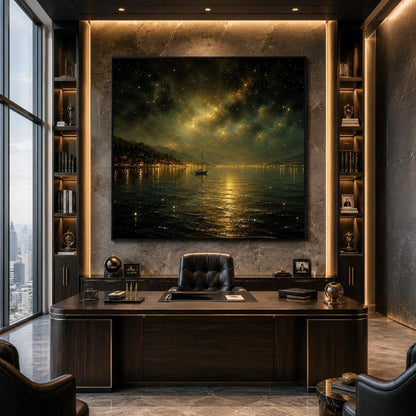 Starry Night Lake Painting Milky Way Canvas Sailboat Wall Art Town Lights Galaxy Sky Dark Gold Landscape Bedroom Living Room 