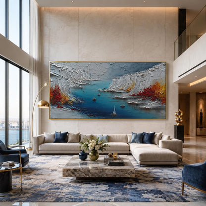 Impasto Seascape Oil Painting, Sailboat Fleet in Snowy Mountain Harbor, Thick Textured Blue White Art, Modern Coastal Wall De