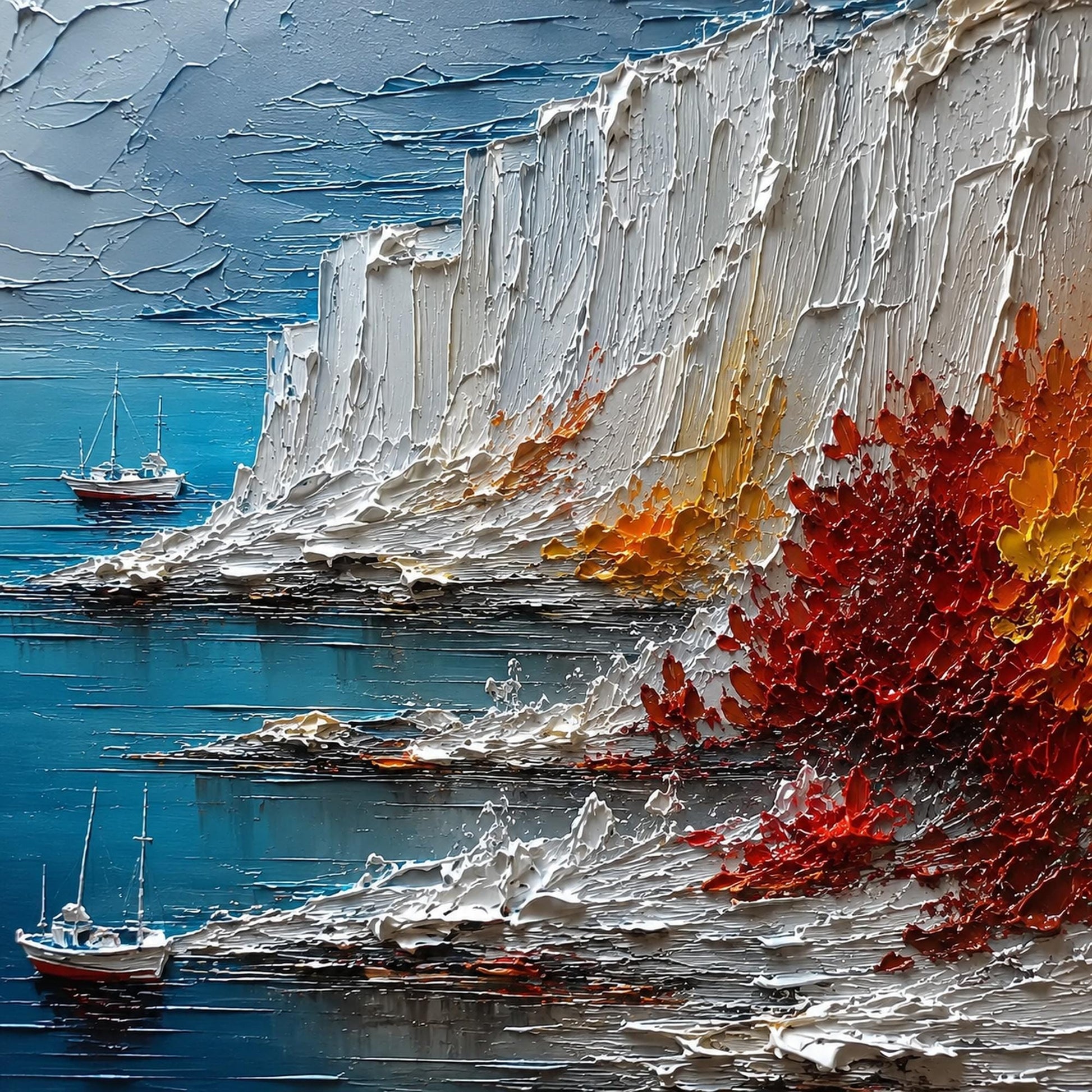 Impasto Seascape Oil Painting, Sailboat Fleet in Snowy Mountain Harbor, Thick Textured Blue White Art, Modern Coastal Wall De