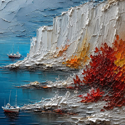 Impasto Seascape Oil Painting, Sailboat Fleet in Snowy Mountain Harbor, Thick Textured Blue White Art, Modern Coastal Wall De