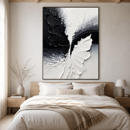 Textured Black and White Butterfly Abstract Oil Painting for Modern Minimalist Wall Art – Black and White Butterfly Animal Wa
