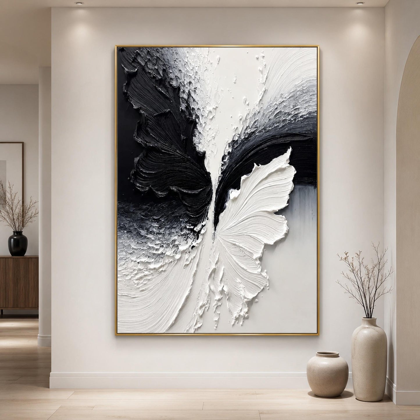 Textured Black and White Butterfly Oil Painting – Minimalist Animal Wall Art