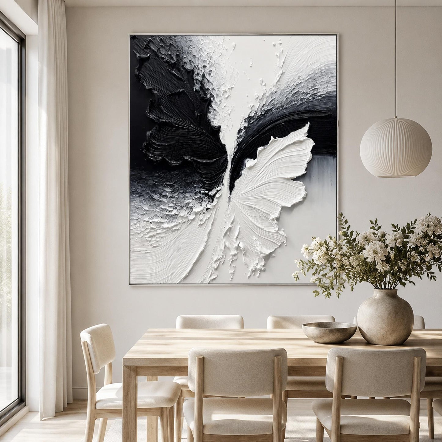 Textured Black and White Butterfly Abstract Oil Painting for Modern Minimalist Wall Art – Black and White Butterfly Animal Wa