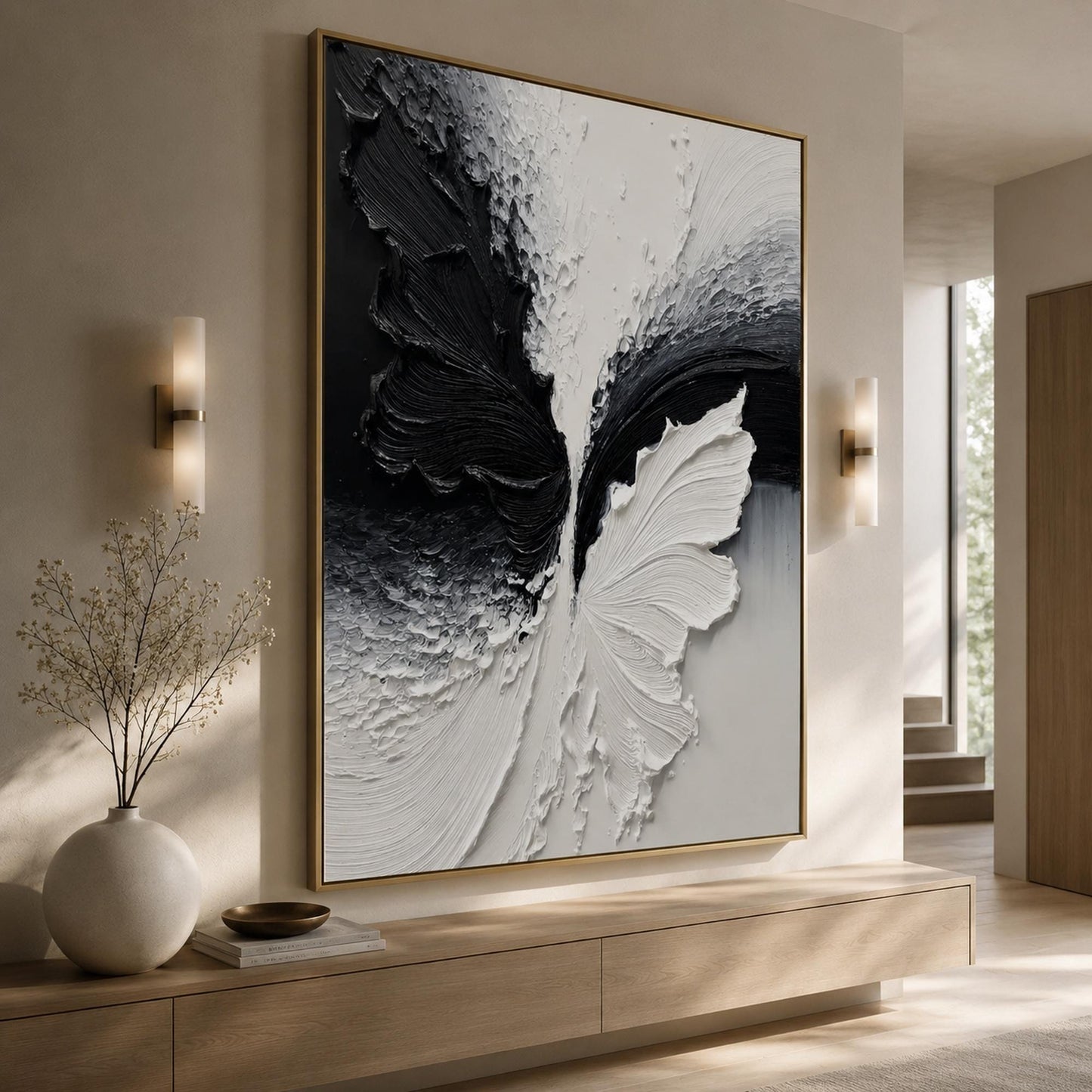 Textured Black and White Butterfly Abstract Oil Painting for Modern Minimalist Wall Art – Black and White Butterfly Animal Wa