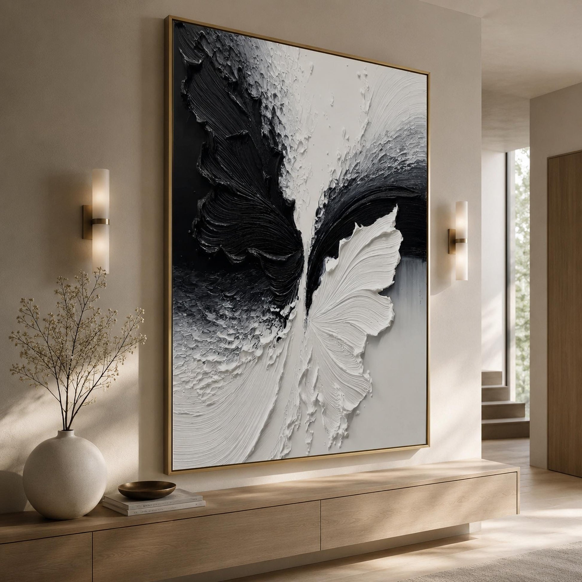 Textured Black and White Butterfly Abstract Oil Painting for Modern Minimalist Wall Art – Black and White Butterfly Animal Wa