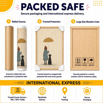 May include: An infographic titled PACKED SAFE showing three shipping methods: a rolled canvas in a tube, a framed print with corner guards, and a large wooden crate with fragile symbols. Includes icons for international express delivery services.