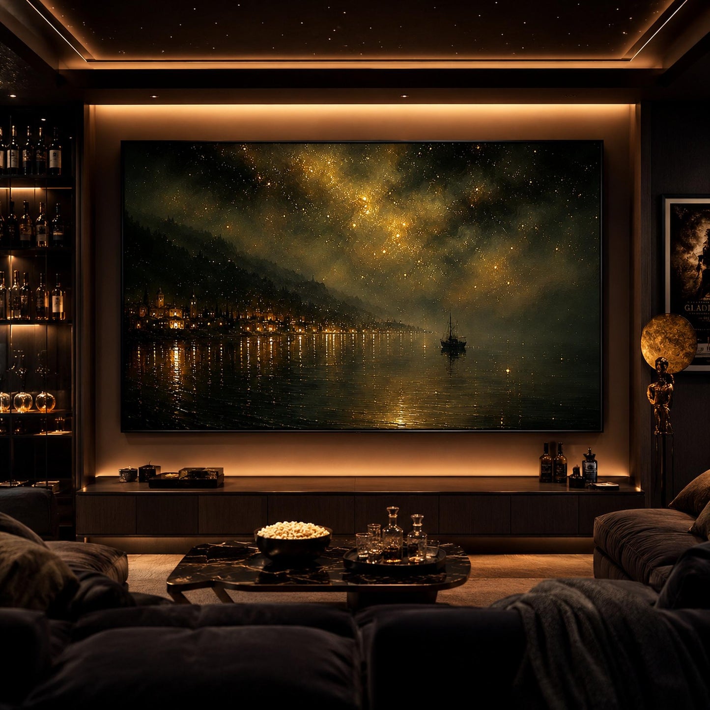 Gold Ship Harbor Canvas Painting – Starry Night Harbor Wall Art