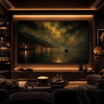 Gold Ship Harbor Canvas Painting – Starry Night Harbor Wall Art