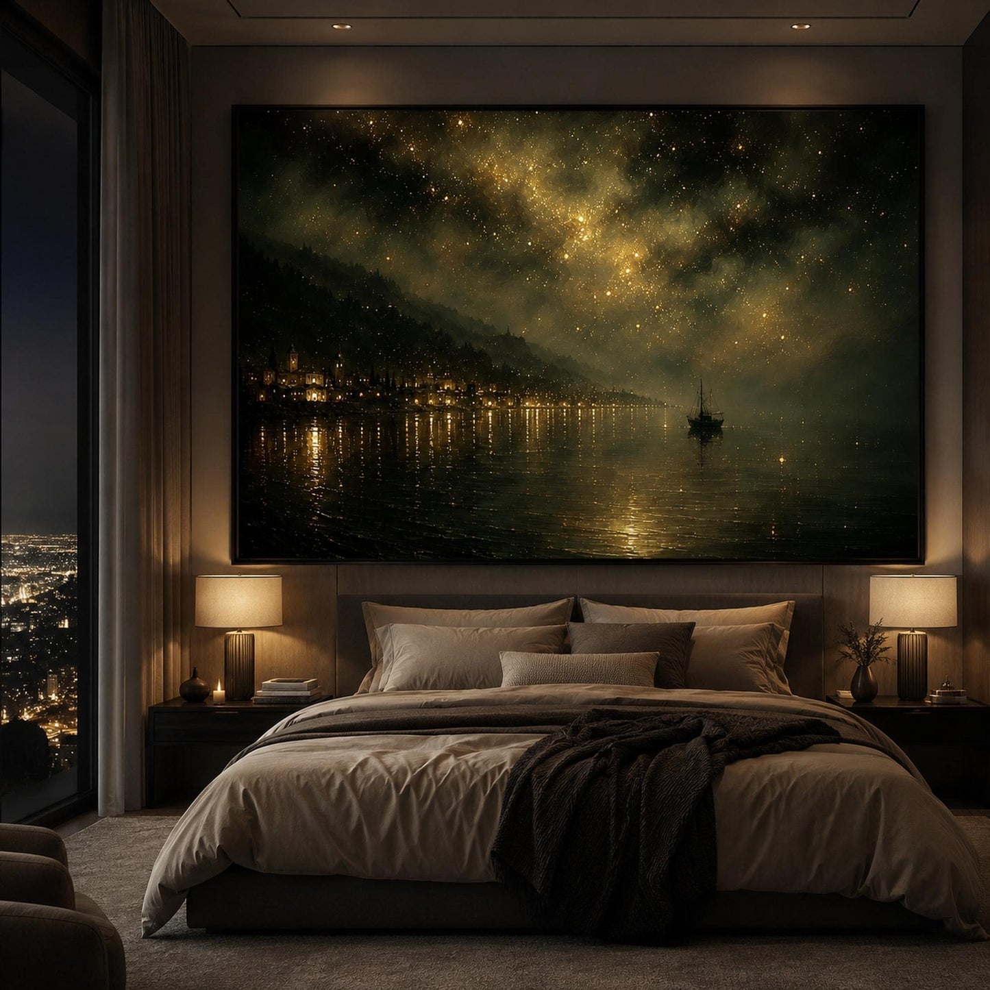 Gold Ship Harbor Canvas Painting – Starry Night Harbor Wall Art