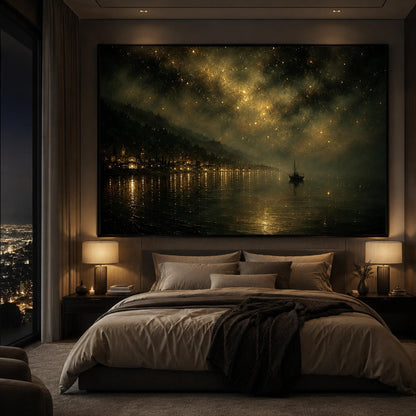 Gold Ship Harbor Canvas Painting – Starry Night Harbor Wall Art