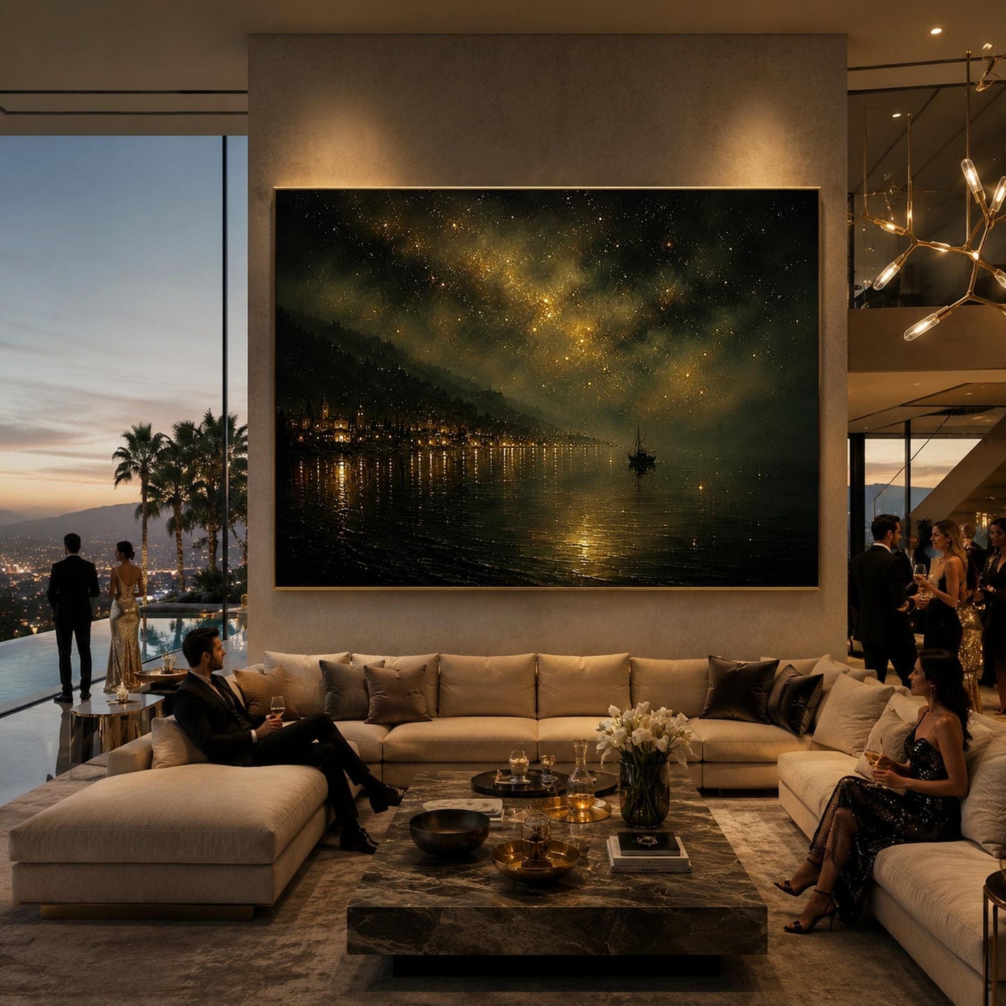 Gold Ship Harbor Canvas Painting – Starry Night Harbor Wall Art