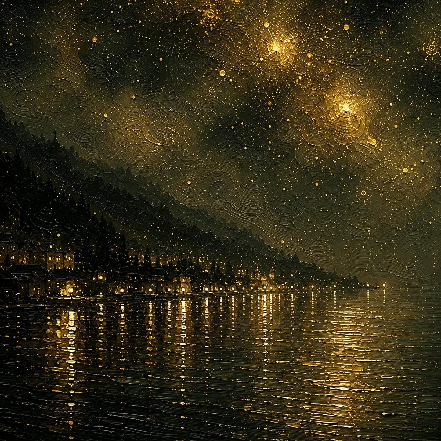Starry Night Harbor Painting – Gold Ship | Painting, view 5