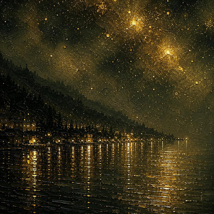 Starry Night Harbor Painting – Gold Ship | Painting, view 5
