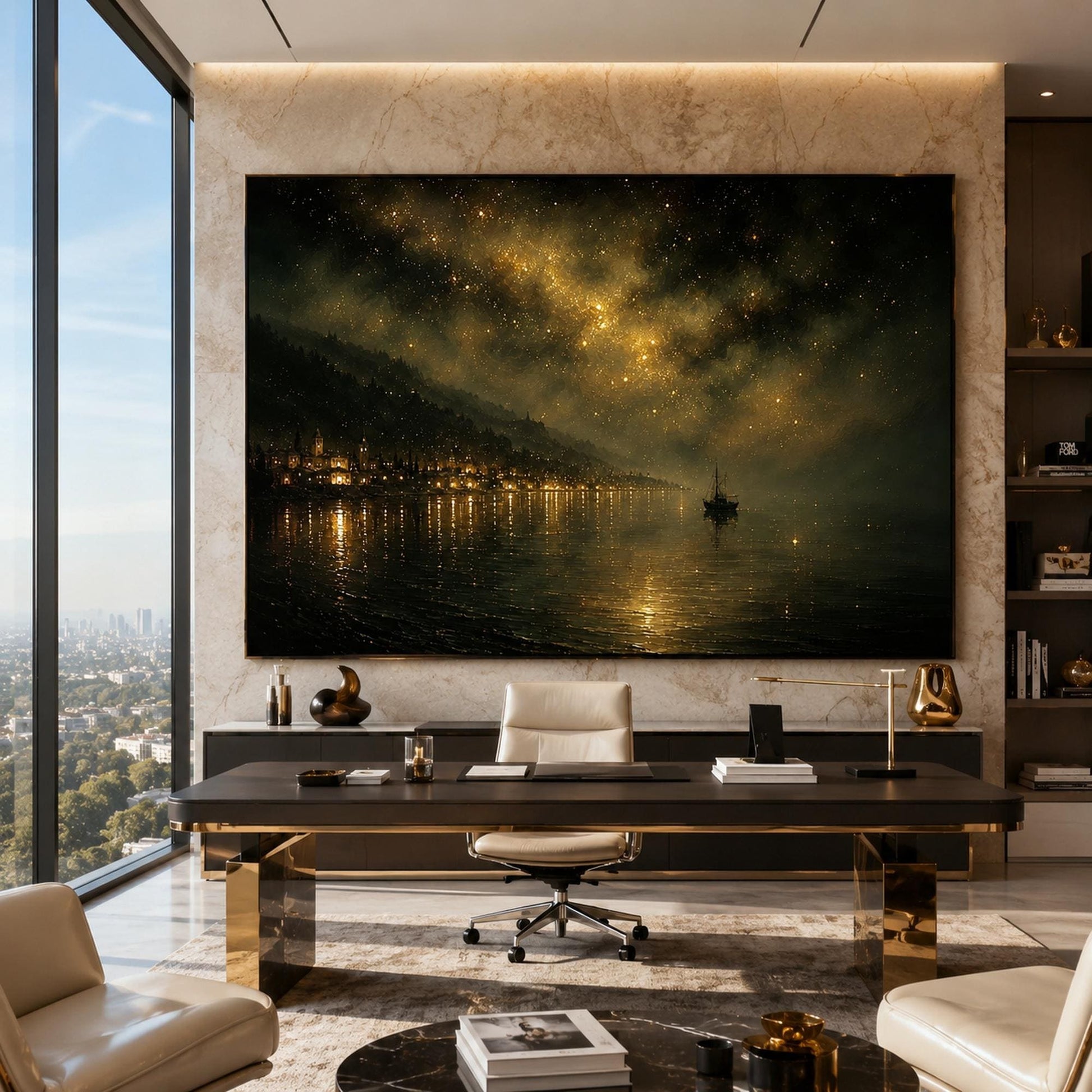 Starry Night Harbor Painting – Gold Ship | Painting, view 2