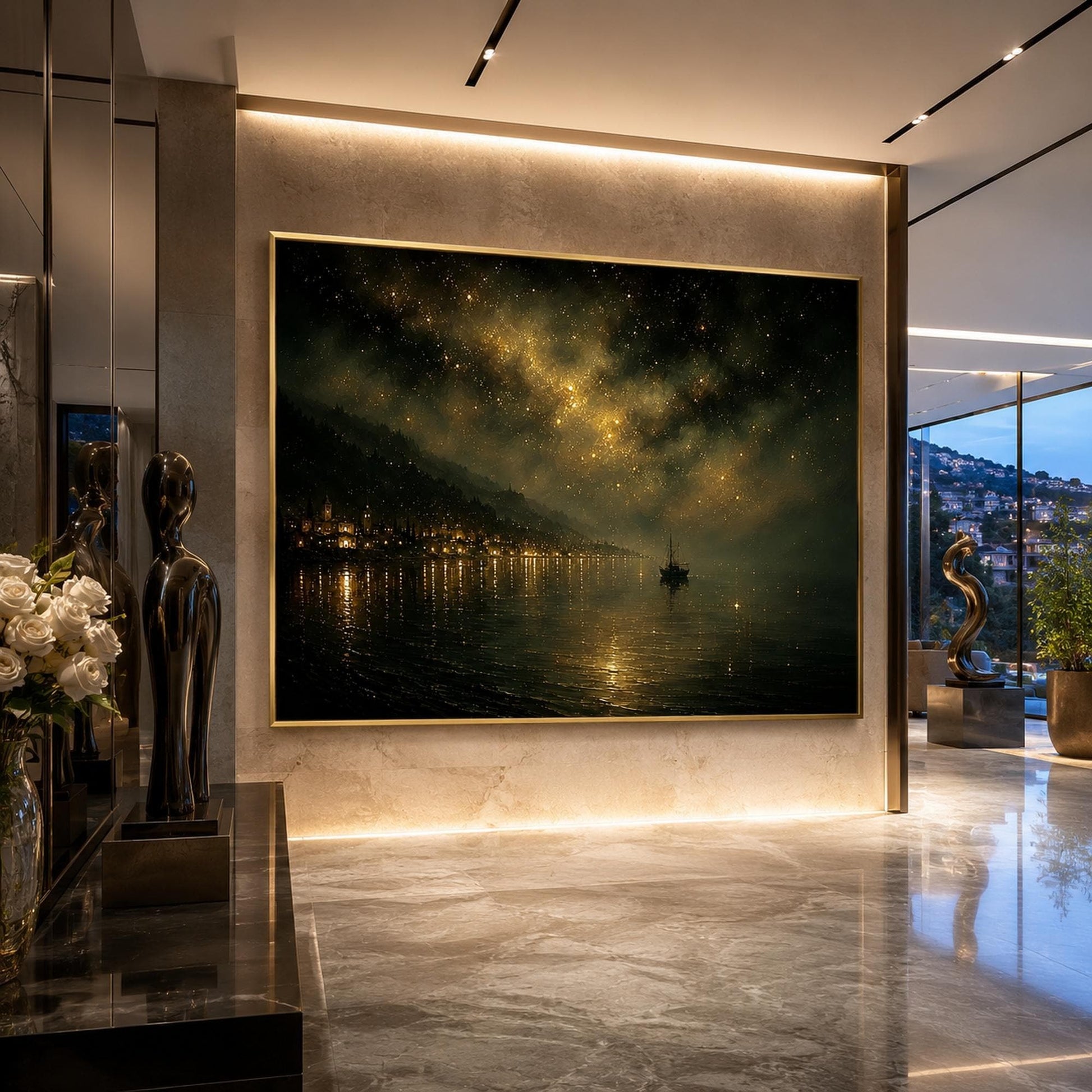 Starry Night Harbor Painting – Gold Ship | Painting, view 3