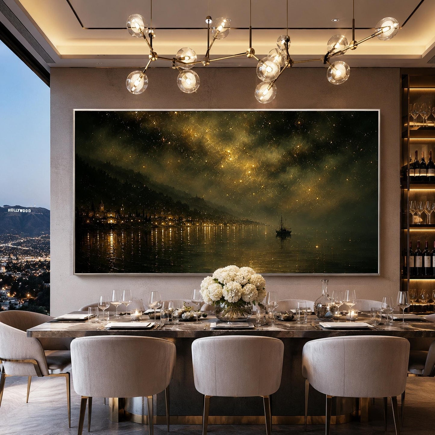Starry Night Harbor Painting – Gold Ship | Painting, view 1