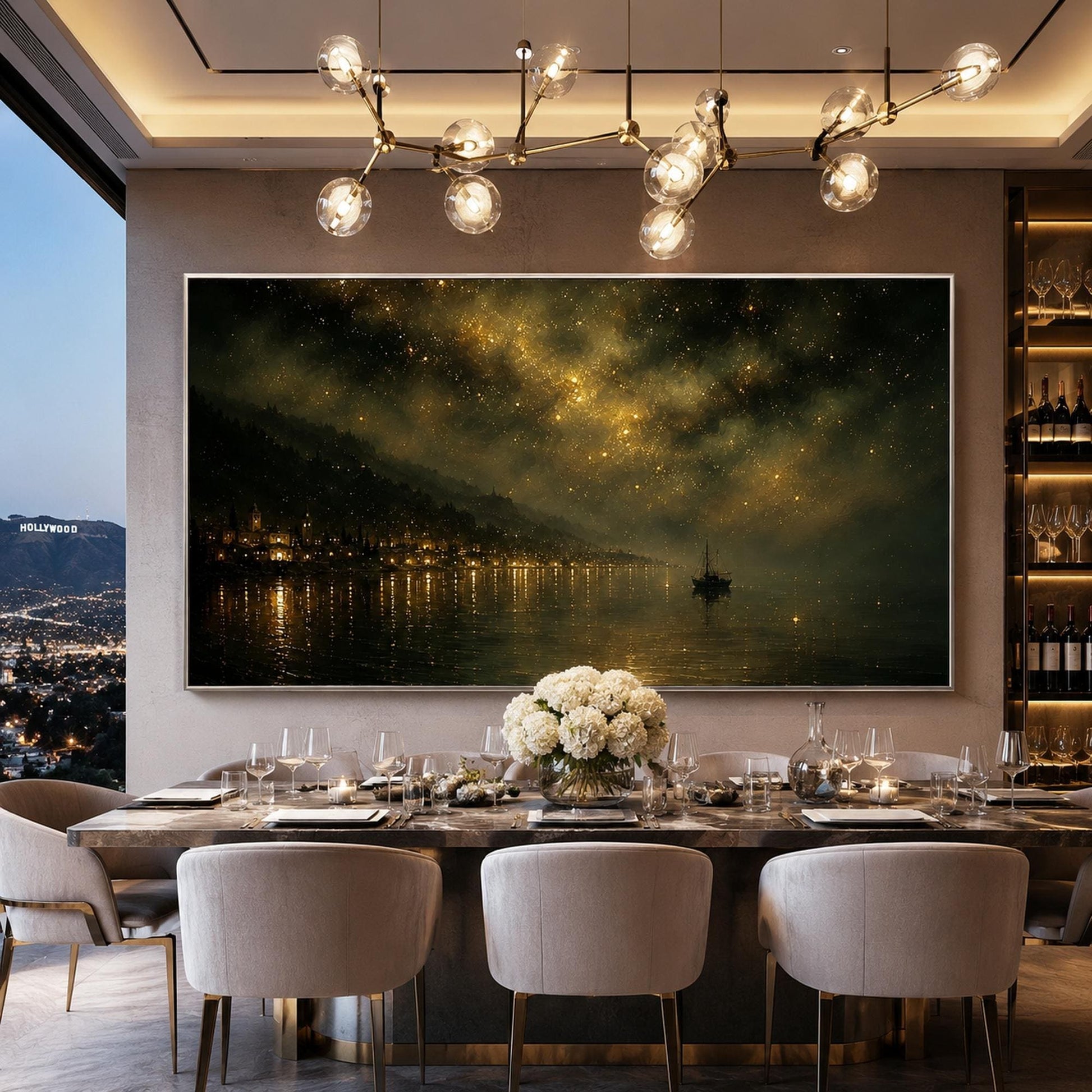 Starry Night Harbor Painting – Gold Ship | Painting, view 1