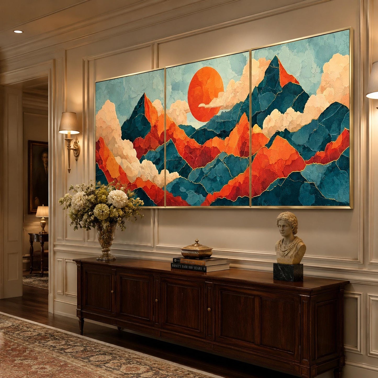 Sunrise Mountain Triptych Painting Clouds Canvas Art Modern Asian Wall Decor – Blue and Orange Sunrise | Painting, view 2