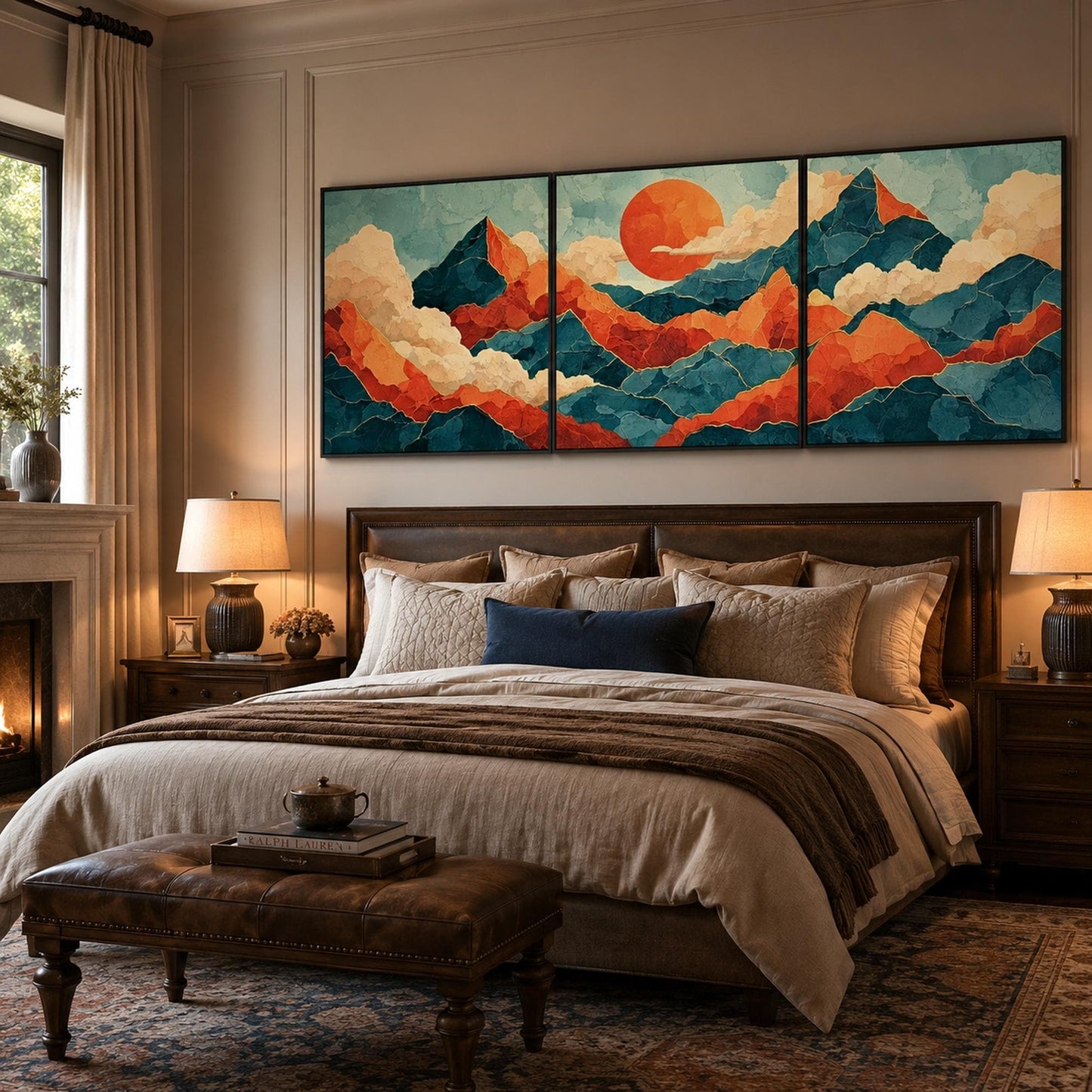 Blue and Orange Sunrise Mountain Triptych Canvas Art – Modern Asian Wall Decor